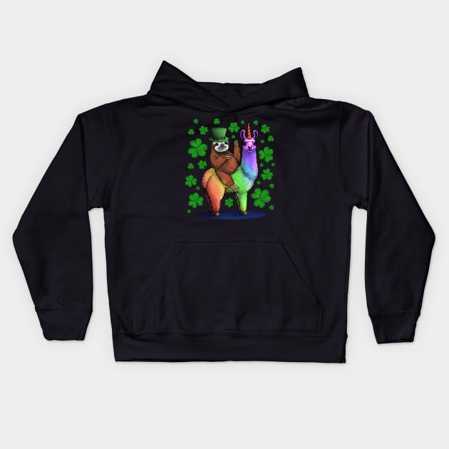 Leprechaun Sloth Riding Llama Unicorn St Patricks Day Kids Hoodie by Jay Diloy